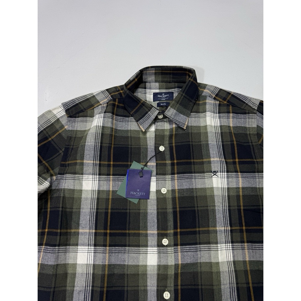 Hackett London Men's Large Slim Fit Button Shirt NWT Green Plaid Long Sleeve